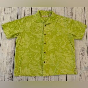 Island Republic 100% Silk Shirt Men L. Green Floral Button Up Hawaiian Tropical